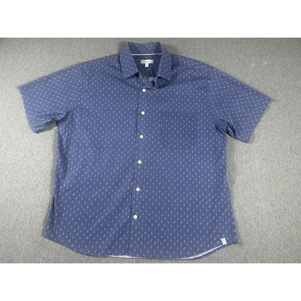 Peter Millar Men's Blue Antler Print Short Sleeve Button Down Sport Shirt Size L